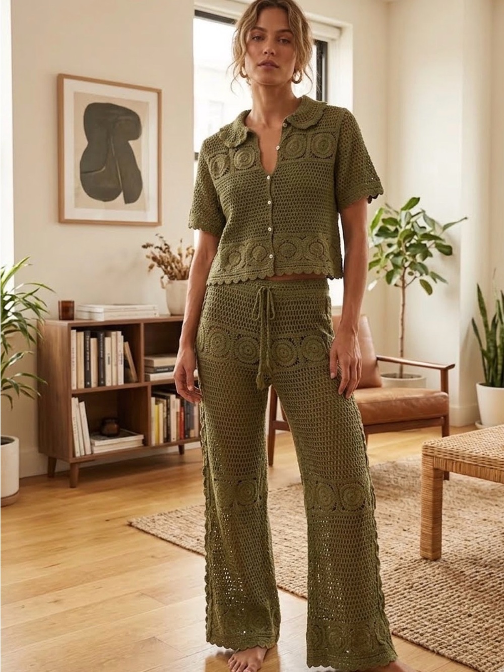 Crochet Wide-Leg Pants in Olive Green